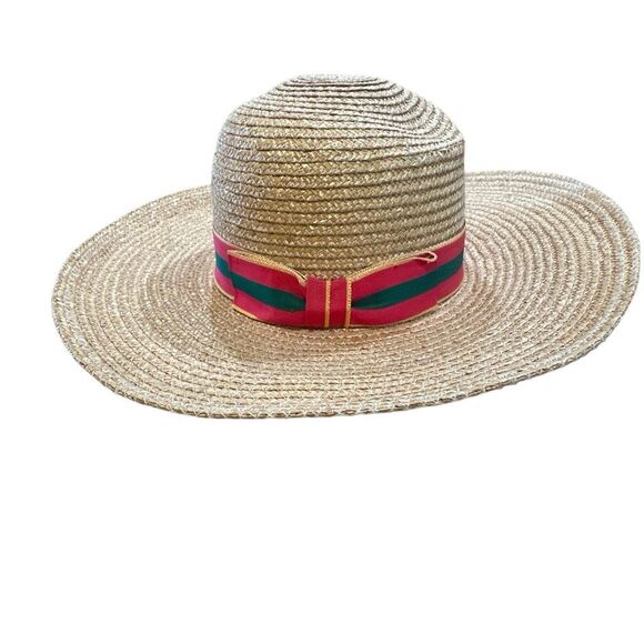 Vintage 80s Banana Republic Wide Brim Straw Raffia size S-M red, green, gold rib - Picture 1 of 10